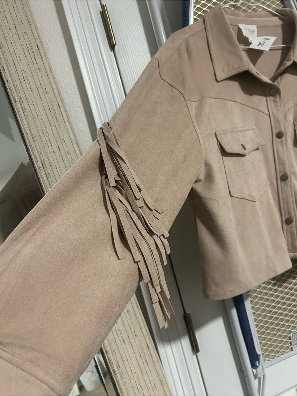 Le Lis Taupe Fringe Suede-Style Button Front Jacket - Picture 2 of 6